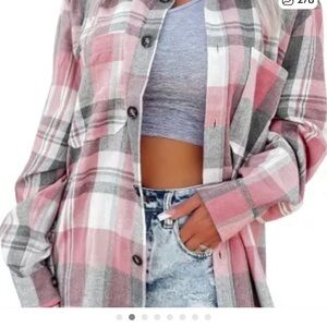 pink gray button up plaid shirt